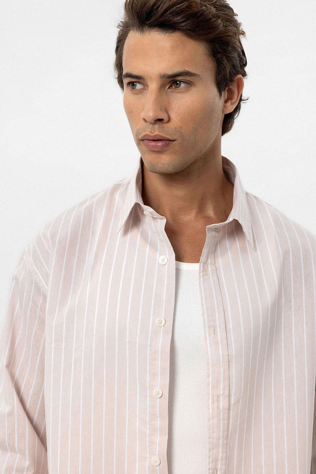 ANT Antioch Bej Oversize Striped Men's Shirt - Trois-Rivières