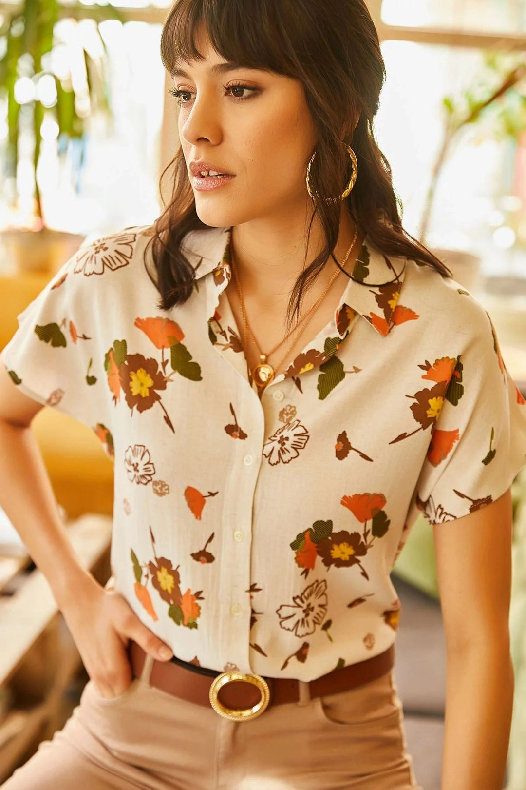 Beige Oversize Comfort Fit Short Sleeve Shirt BCBSK-25700-K5157 - Windsor