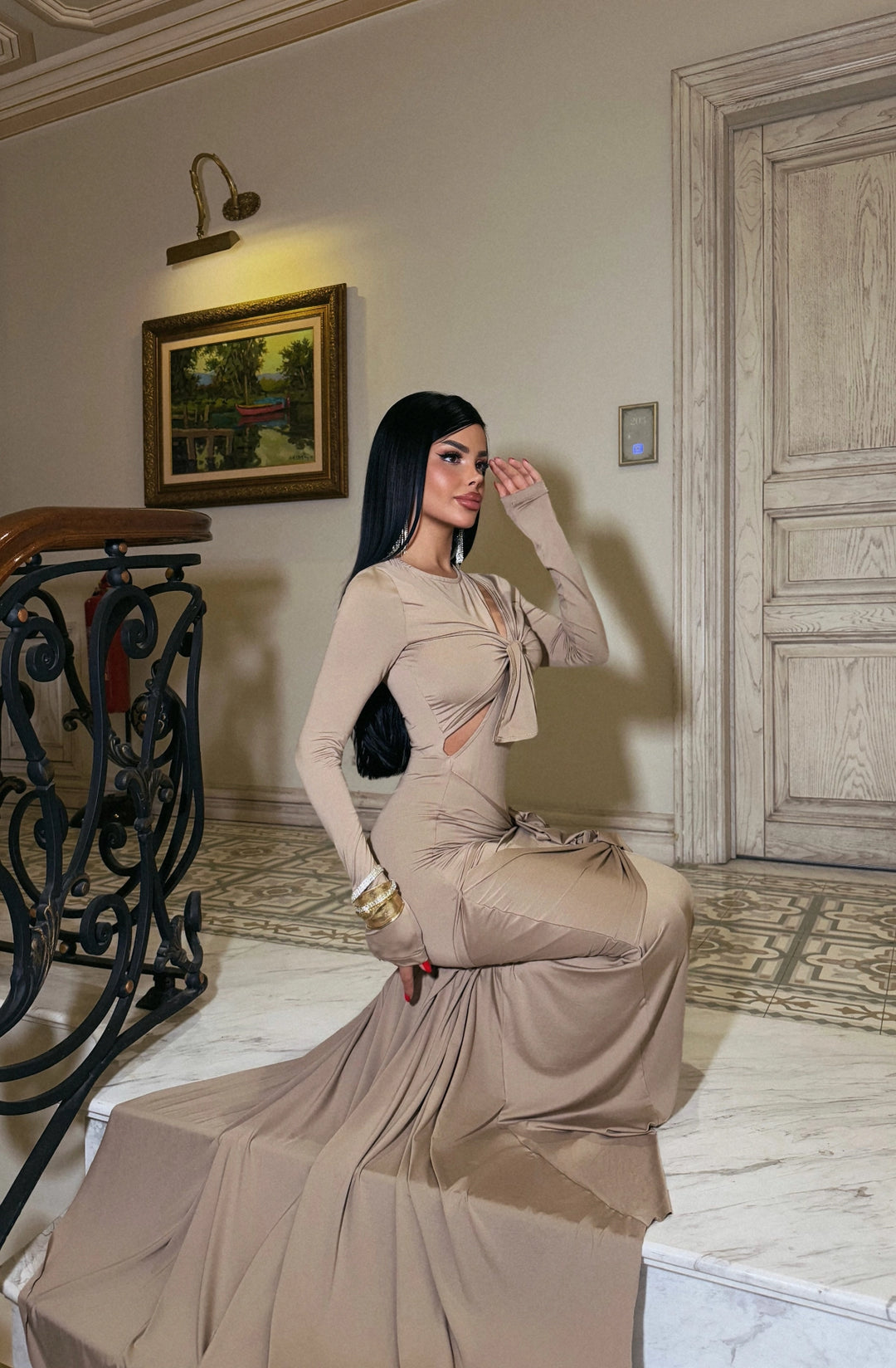 EYY Women Beige Window Detail Long Dress - Lousada