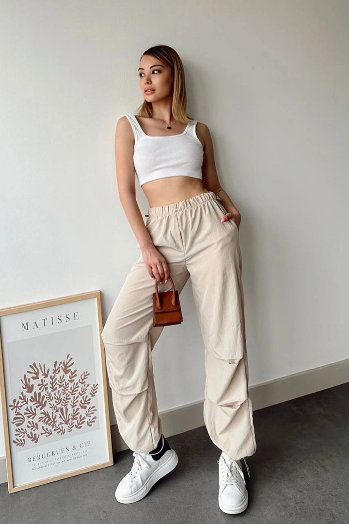 Beige Pile Detailed Parachute Fabric Jogger Pants BCHN-2525270 - Rosny-sous-Bois