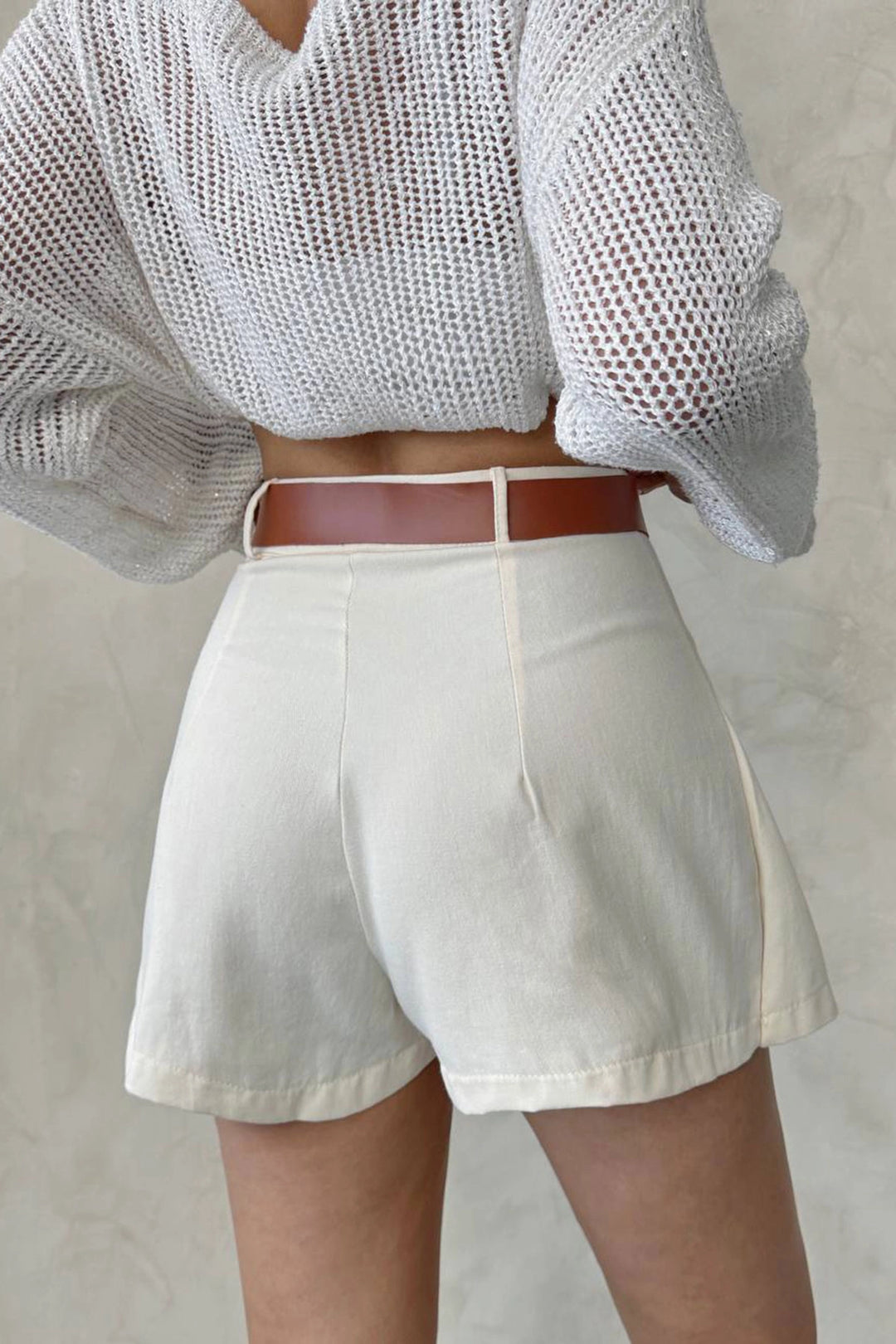 Beige Pile Fabric Gabardine Shorts Skirt (with Belt Gift) BCHN-25252001 - Hamilton