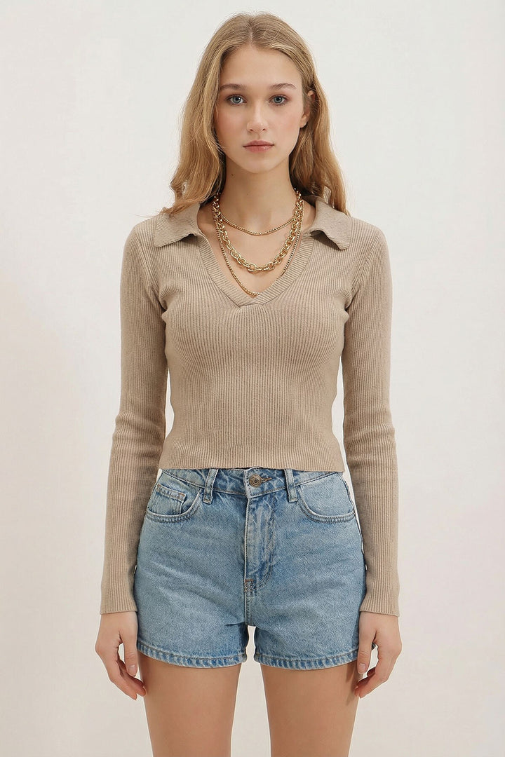 Bej Polo Yaka Fitilli Yumuşak Dokulu Crop Bluz - Orange