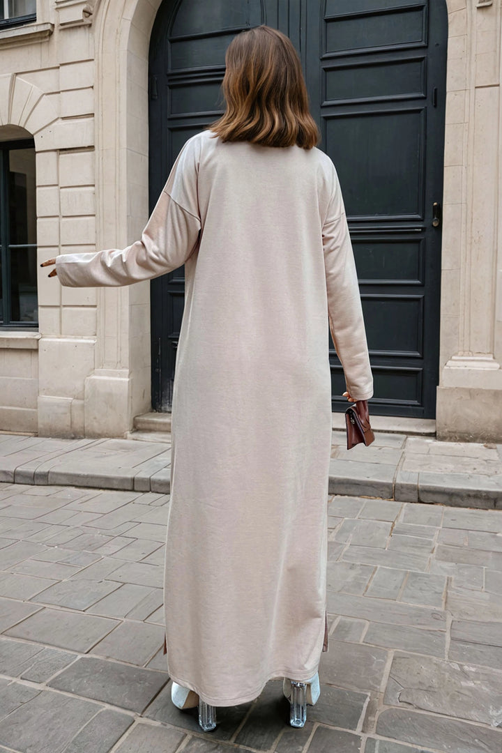 Beige Polo Neck Side Slit Single Pocket Long Loose Dress BCBSK-25700-3463 - Dunfermline