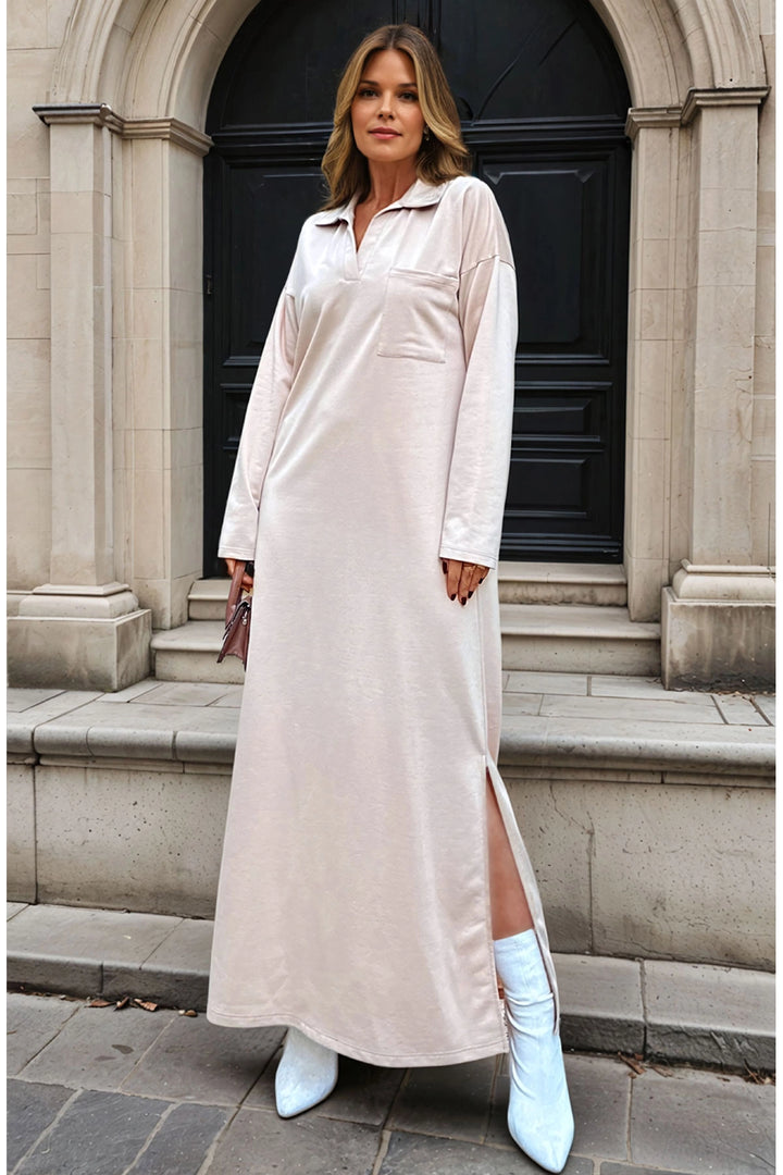 Beige Polo Neck Side Slit Single Pocket Long Loose Dress BCBSK-25700-3463 - Dunfermline