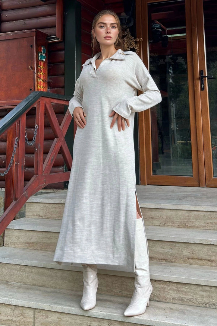Beige Polo Neck Soft Textured Loose Knit Dress BCBSK-25700-3660 - Ilkeston
