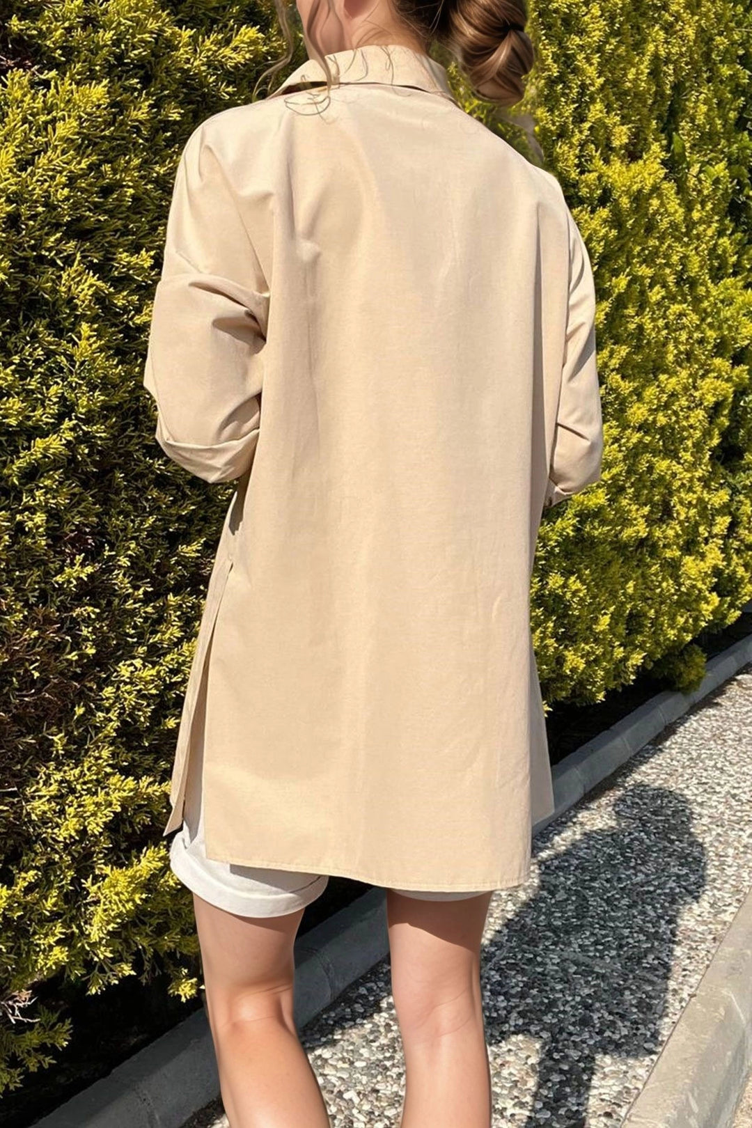 Beige Poplin Side Slit Oversized Long Shirt BCBSK-25700-3518 - Santiago Juxtlahuaca