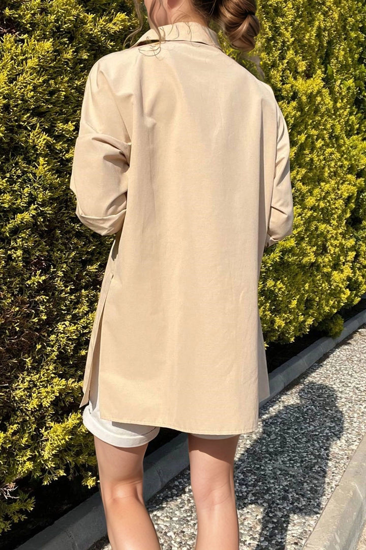 Beige Poplin Side Slit Oversized Long Shirt BCBSK-25700-3518 - Santiago Juxtlahuaca