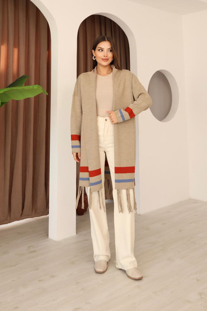 Beige Tassel Color Block Long Cardigan BCES-253002 - Little Rock