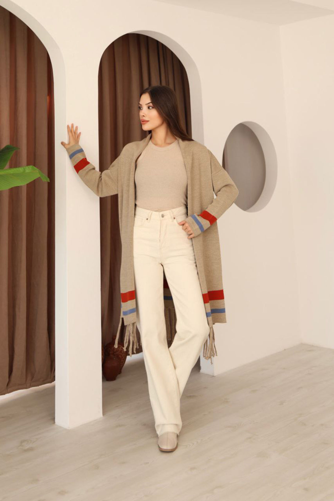 Beige Tassel Color Block Long Cardigan BCES-253002 - Little Rock