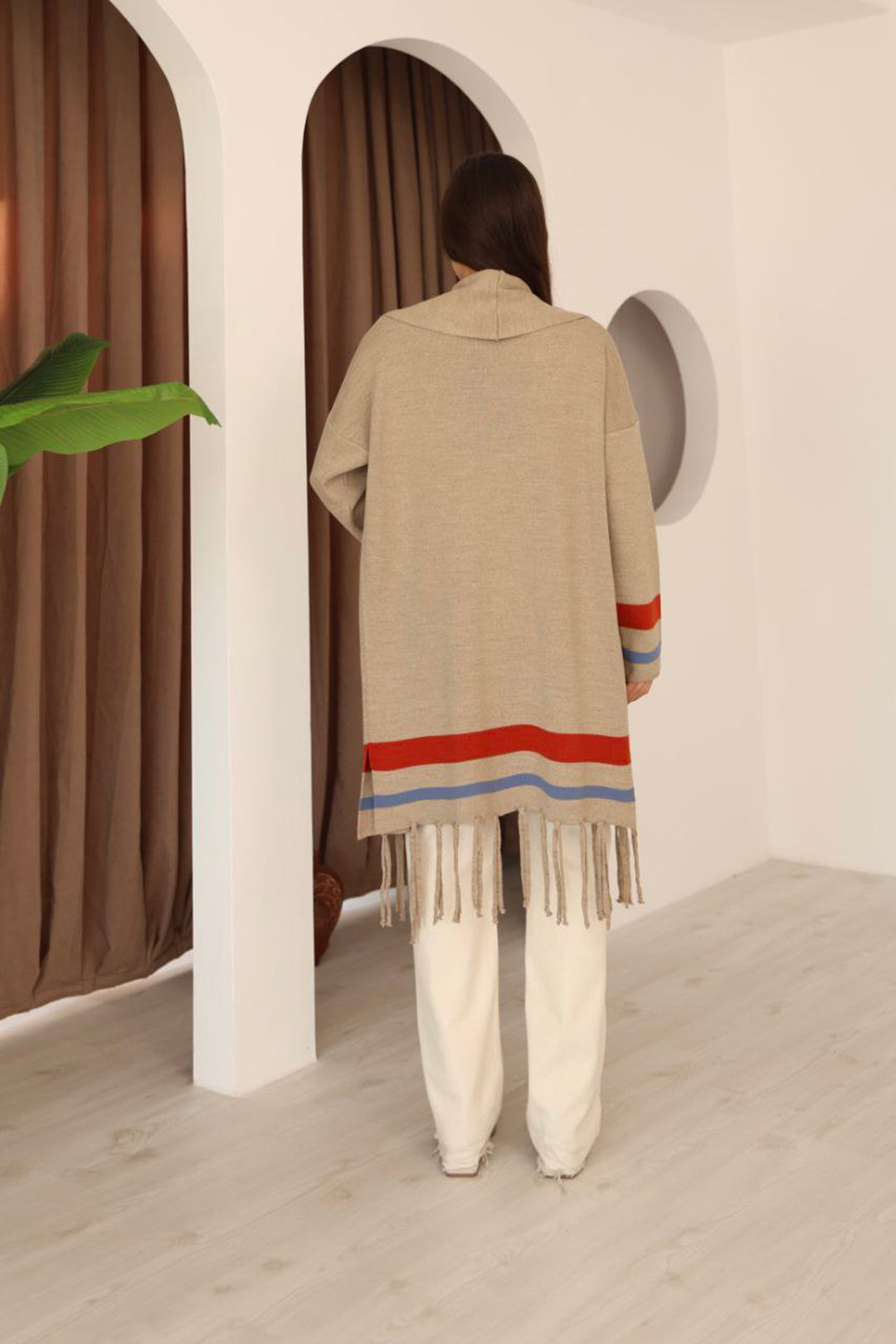 Beige Tassel Color Block Long Cardigan BCES-253002 - Little Rock