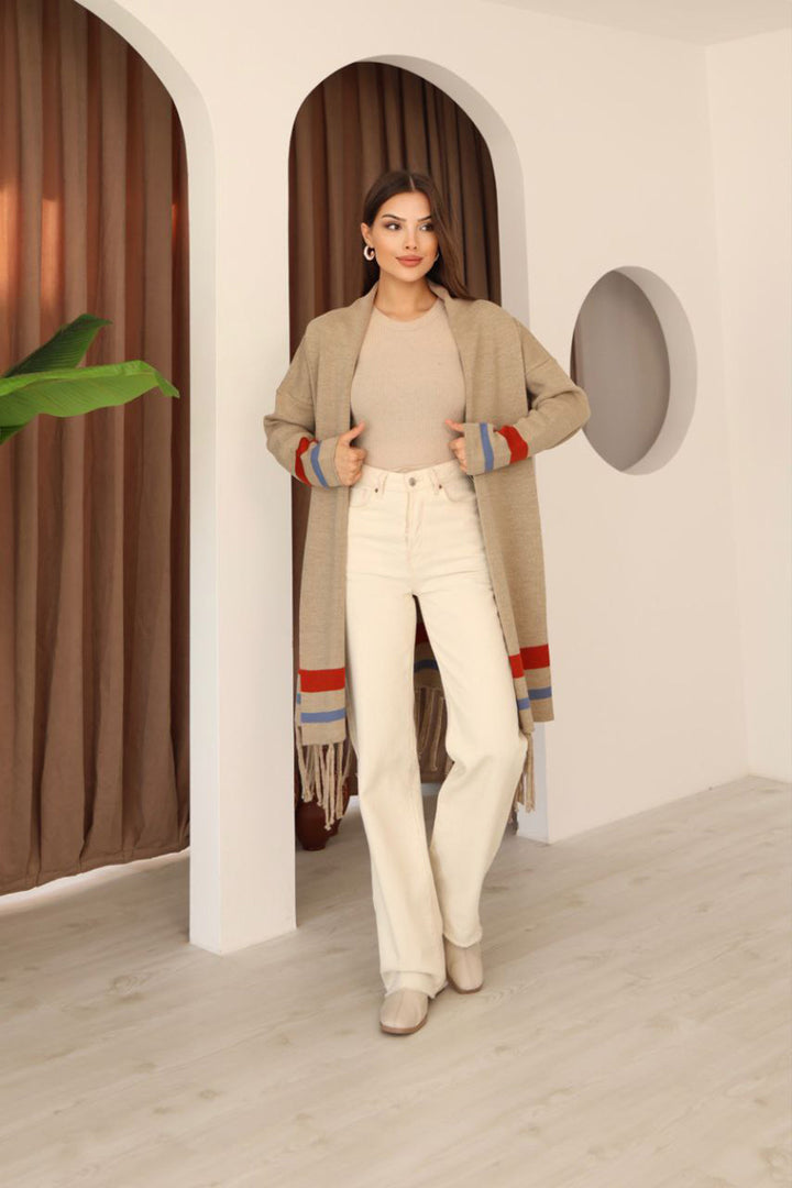 Beige Tassel Color Block Long Cardigan BCES-253002 - Little Rock