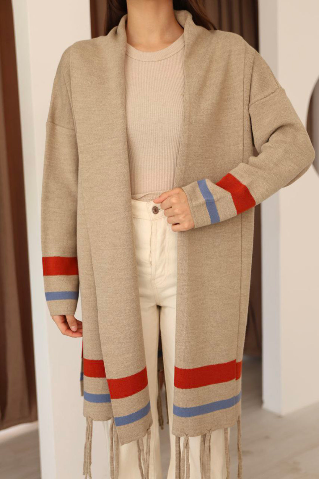 Beige Tassel Color Block Long Cardigan BCES-253002 - Little Rock