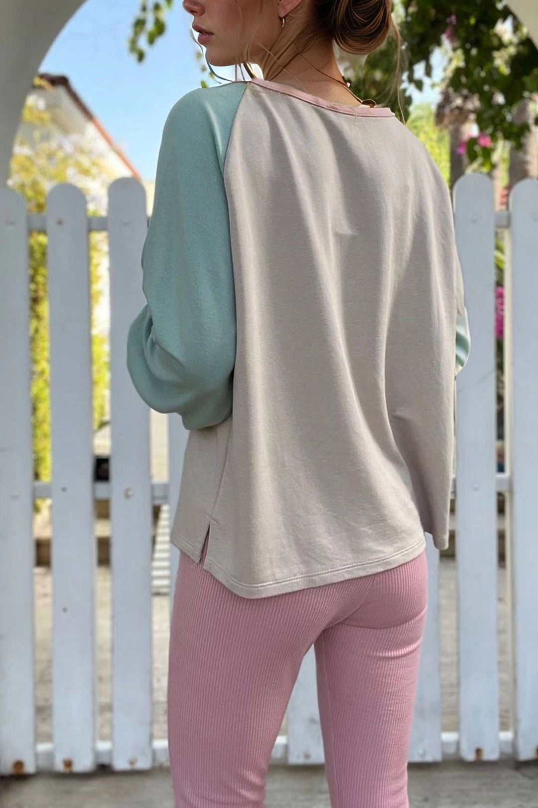 Beige Raglan Sleeve Boat Neck Color Block Sweatshirt with Seam Detail BCBSK-25700-3472 - Maidenhead