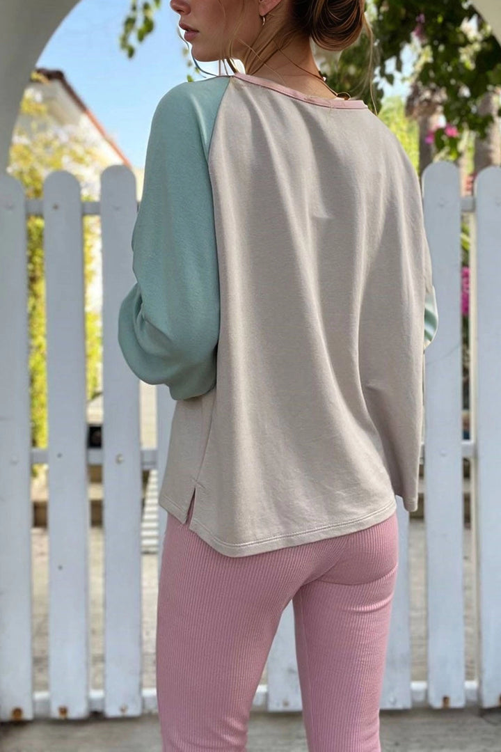 Beige Raglan Sleeve Boat Neck Color Block Sweatshirt with Seam Detail BCBSK-25700-3472 - Maidenhead