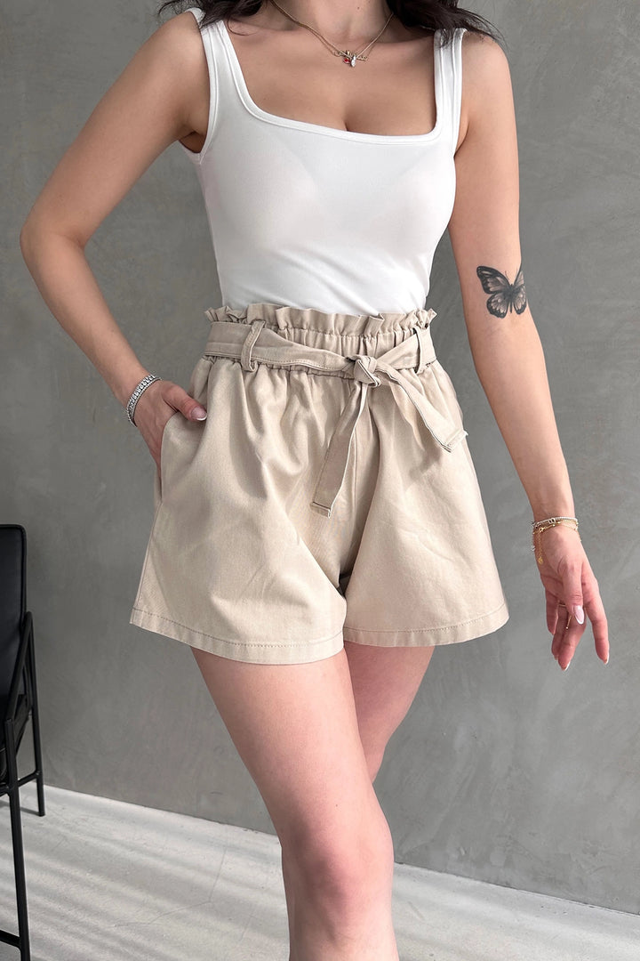 Beige Comfort Fit High Waisted Shorts with Ruffled Pockets BCDF-233304 - La Ciotat