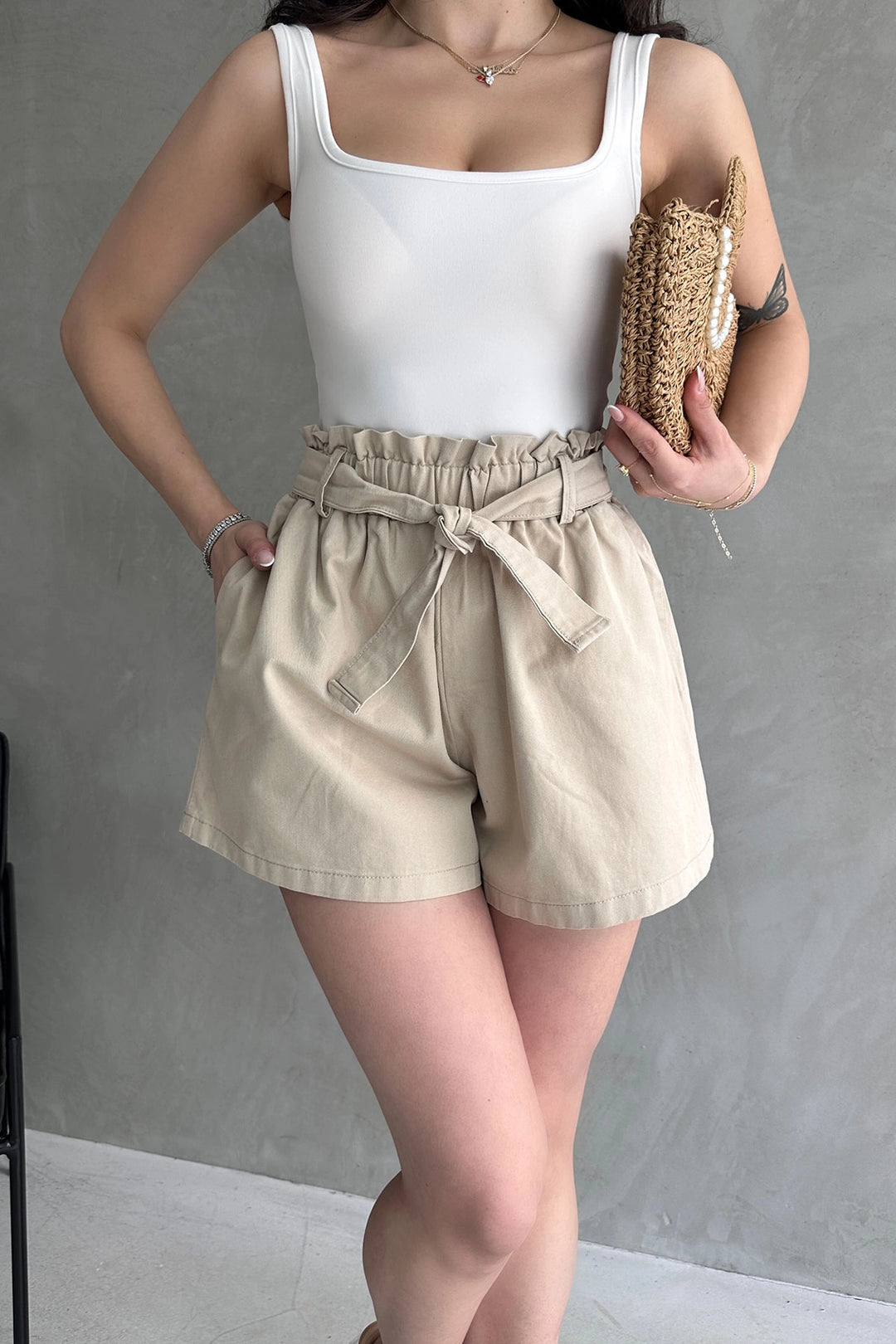 Beige Comfort Fit High Waisted Shorts with Ruffled Pockets BCDF-233304 - La Ciotat