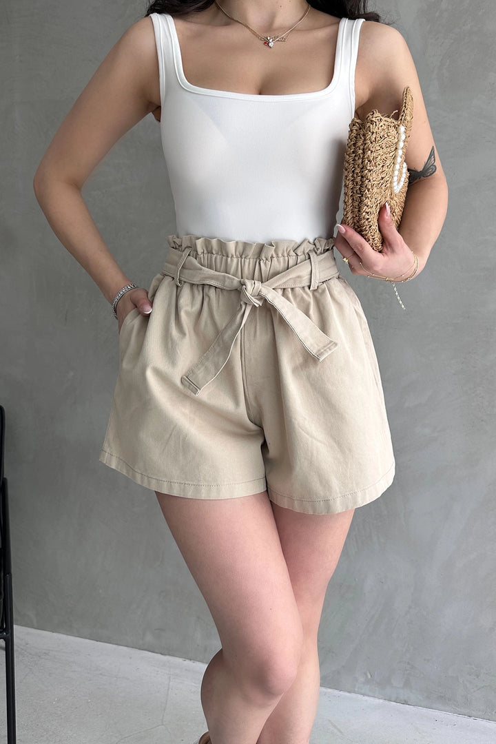 Beige Comfort Fit High Waisted Shorts with Ruffled Pockets BCDF-233304 - La Ciotat