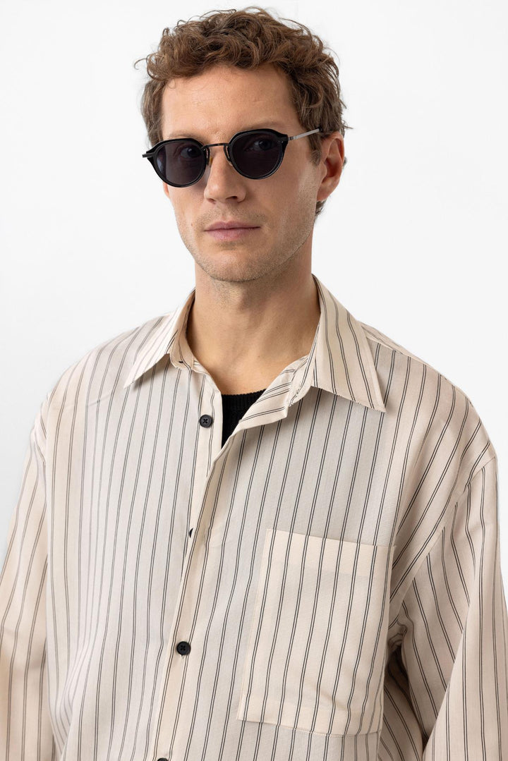 ANT Antioch Bej Relax Fit Striped Men's Shirt - Stretford