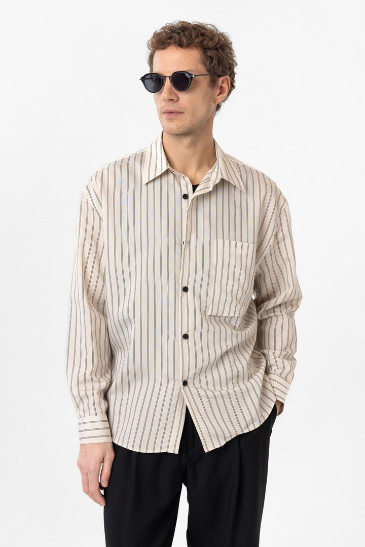 ANT Antioch Bej Relax Fit Striped Men's Shirt - Stretford