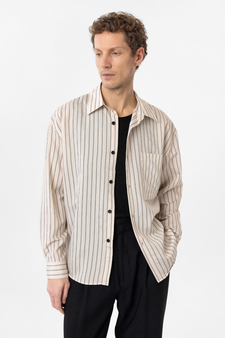 ANT Antioch Bej Relax Fit Striped Men's Shirt - Stretford