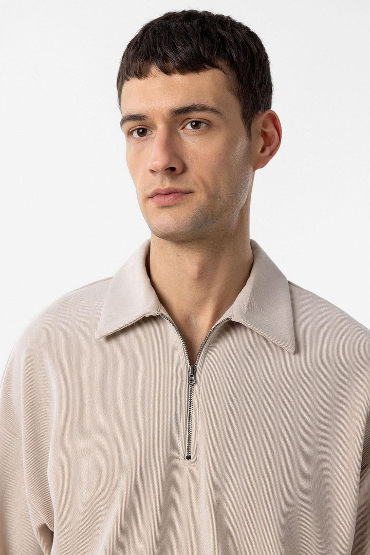 ANT Antioch Bej Relax Fit Fermuarlı Polo Yaka Erkek T-Shirt - Côte-Saint-Luc