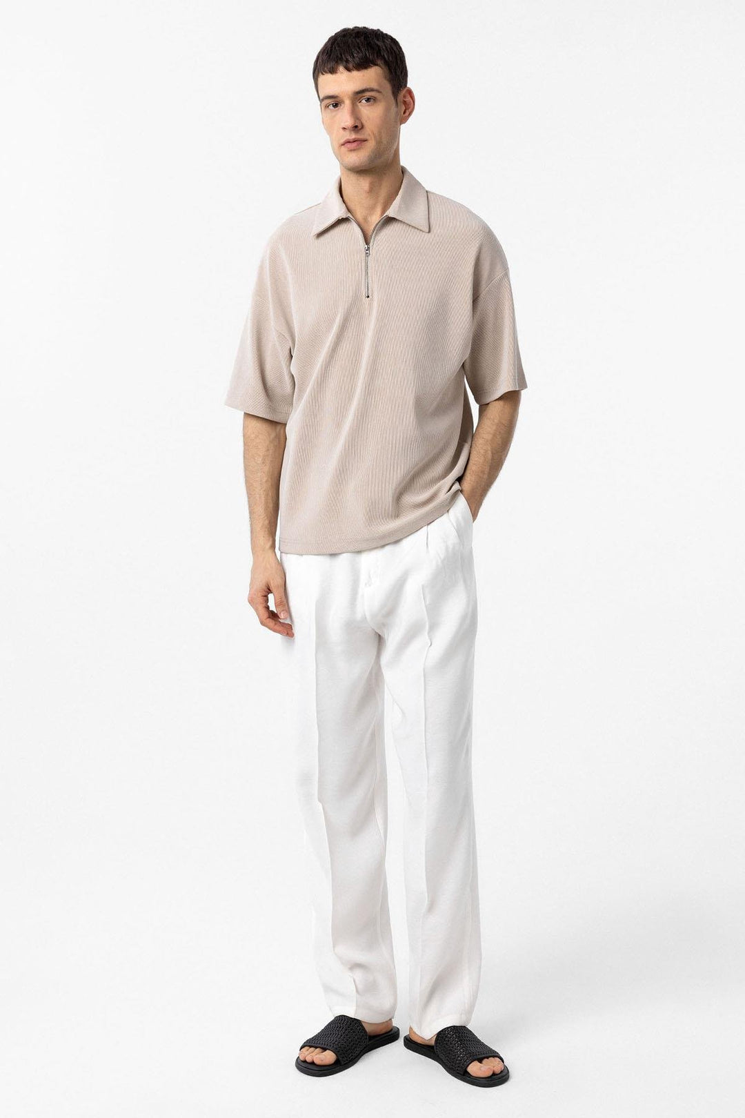 ANT Antioch Bej Relax Fit Fermuarlı Polo Yaka Erkek T-Shirt - Côte-Saint-Luc