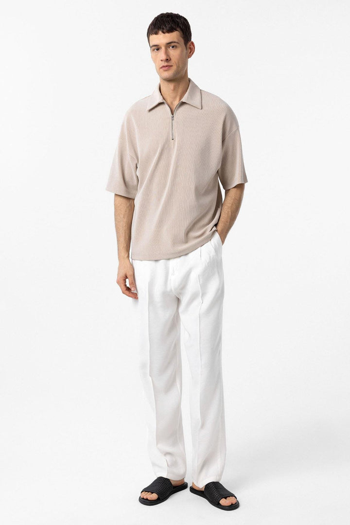 ANT Antioch Bej Relax Fit Fermuarlı Polo Yaka Erkek T-Shirt - Côte-Saint-Luc