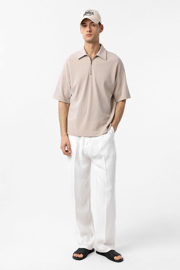 ANT Antioch Bej Relax Fit Fermuarlı Polo Yaka Erkek T-Shirt - Côte-Saint-Luc