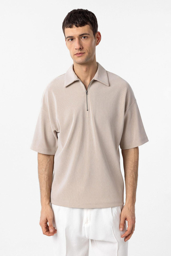 ANT Antioch Bej Relax Fit Fermuarlı Polo Yaka Erkek T-Shirt - Côte-Saint-Luc