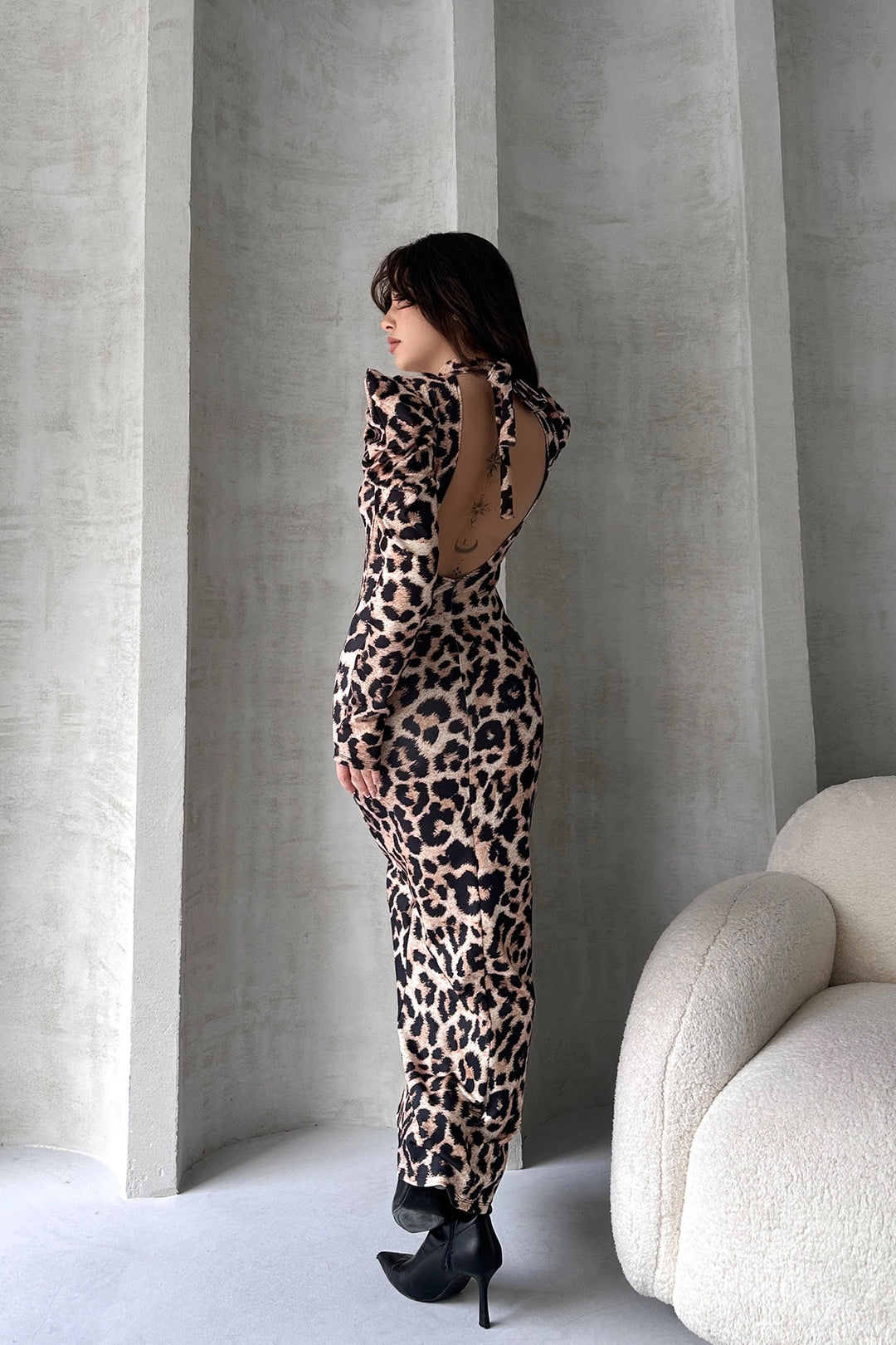 Beige Backless Leopard Print Dress BCDF-242146 - Villepinte