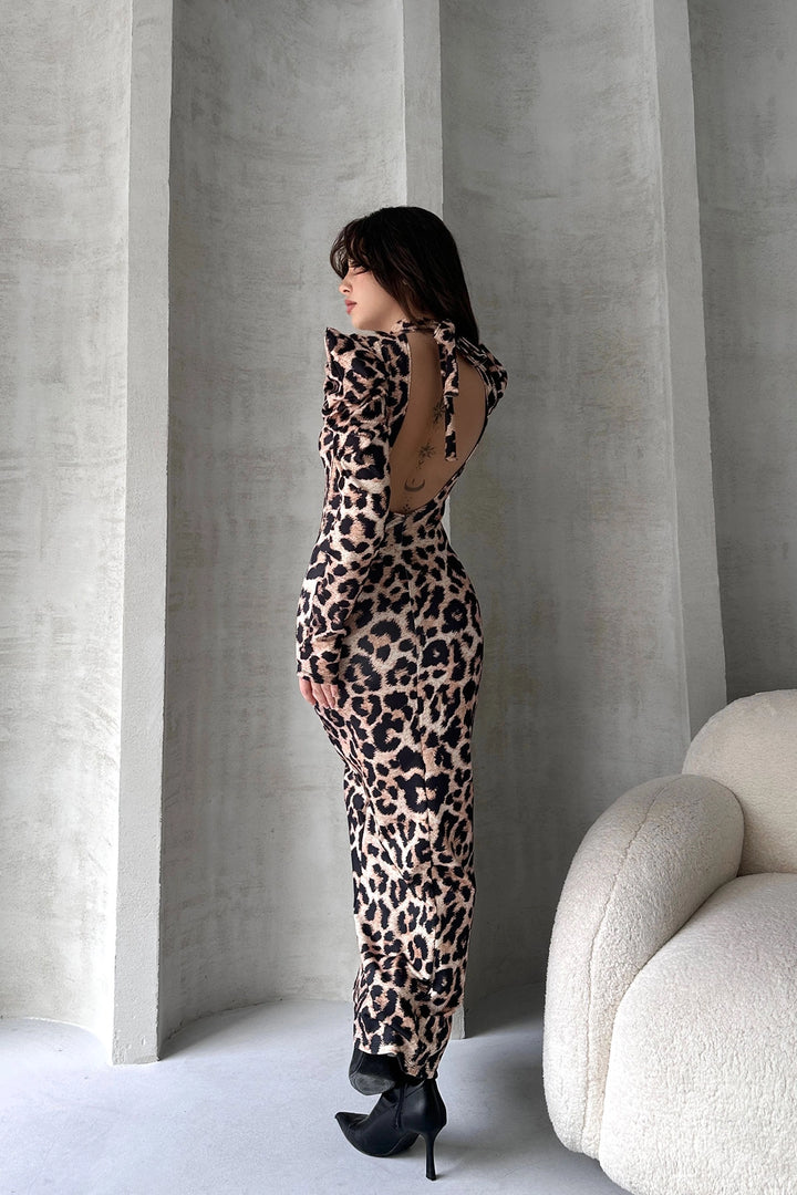 Beige Backless Leopard Print Dress BCDF-242146 - Villepinte