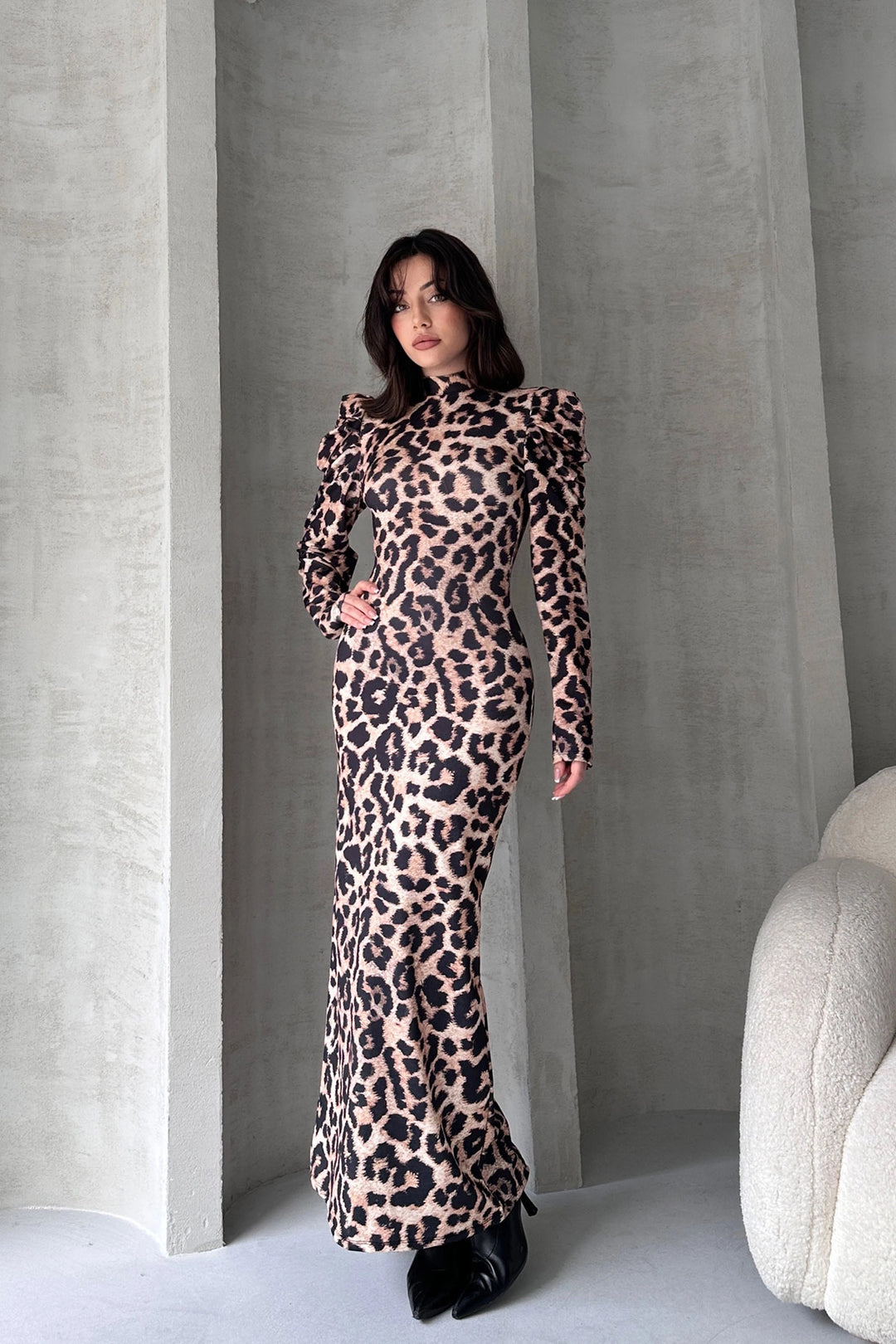 Beige Backless Leopard Print Dress BCDF-242146 - Villepinte