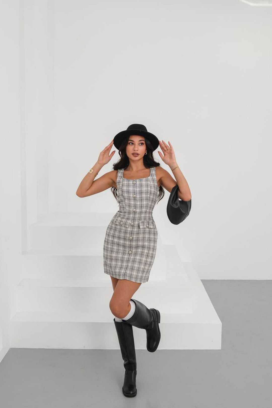 Beige Black Square Neck Button Detail Tweed Fabric Dress BCHN-25265007 - Pawtucket