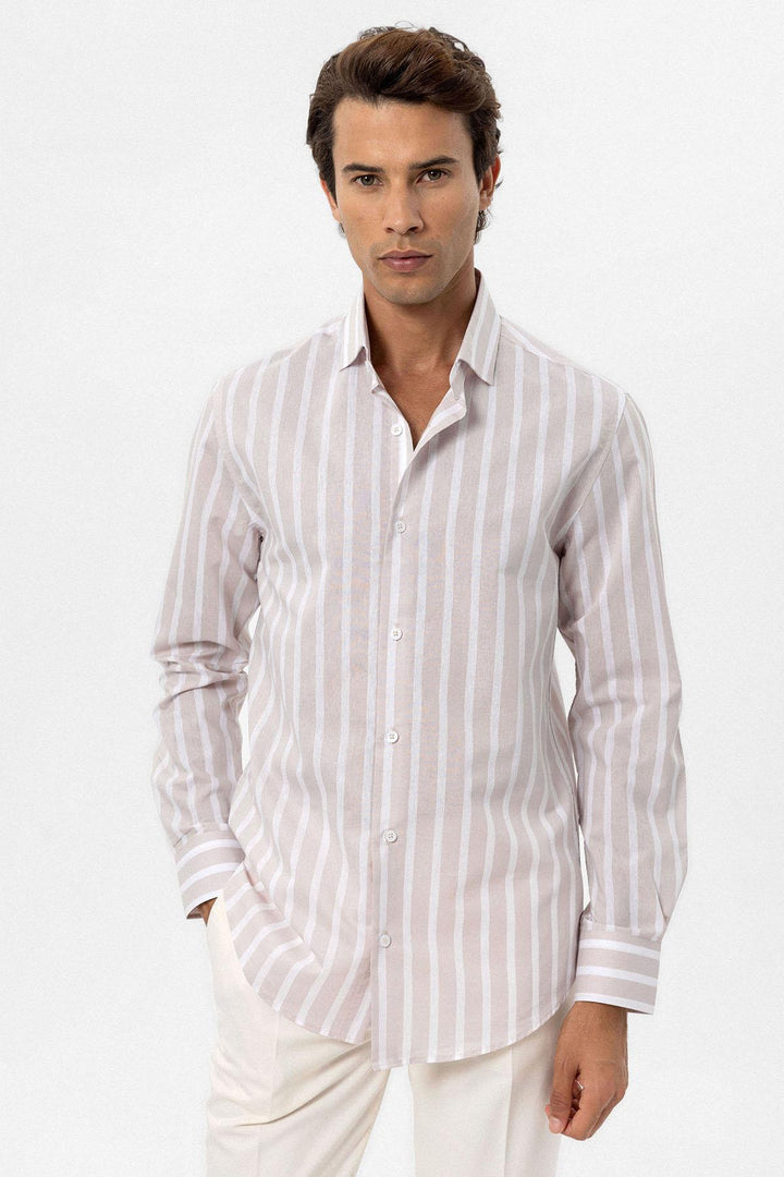 ANT Antioch Bej Slim Fit Striped Men's Shirt - Doral