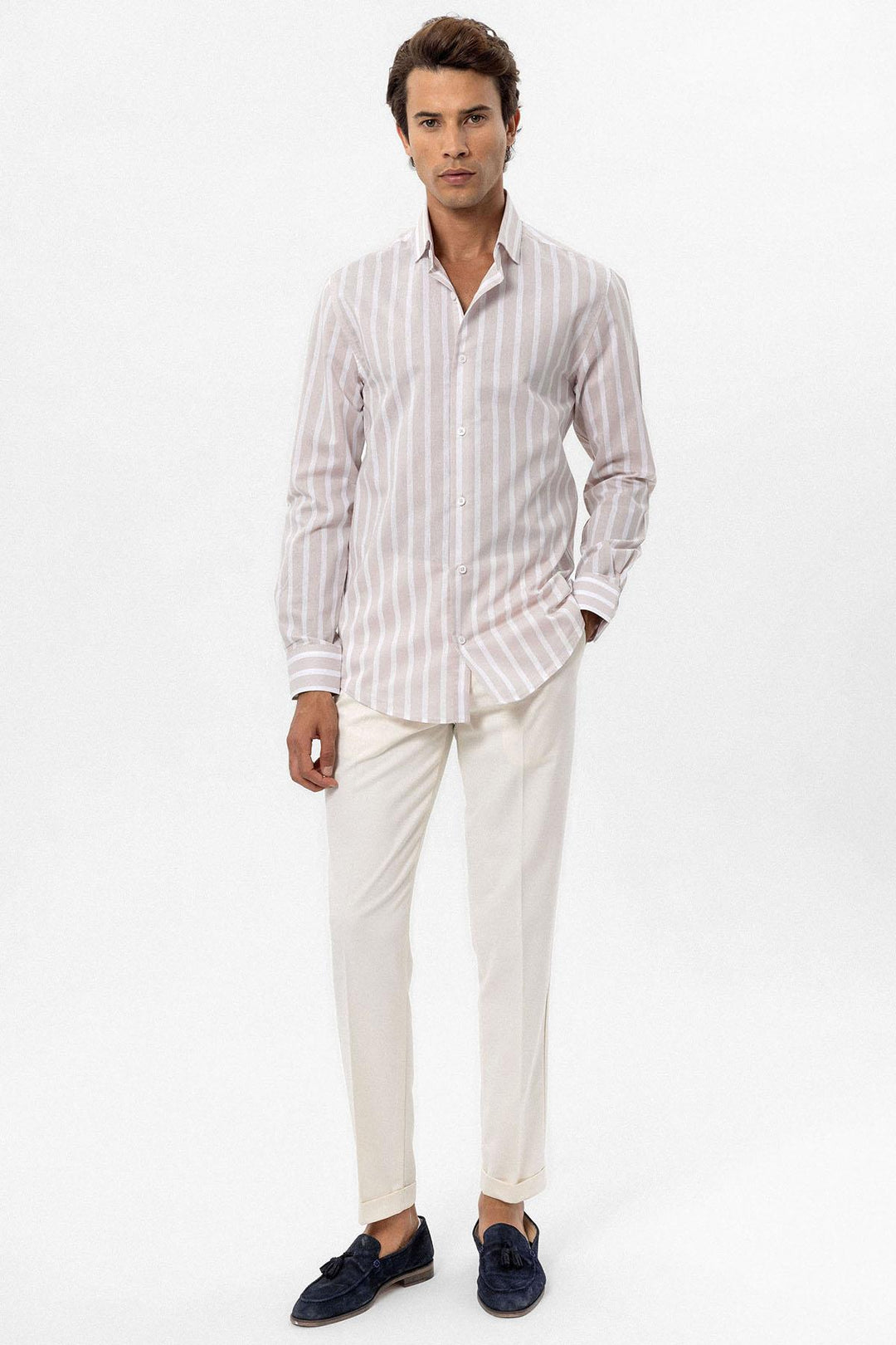 ANT Antioch Bej Slim Fit Striped Men's Shirt - Doral