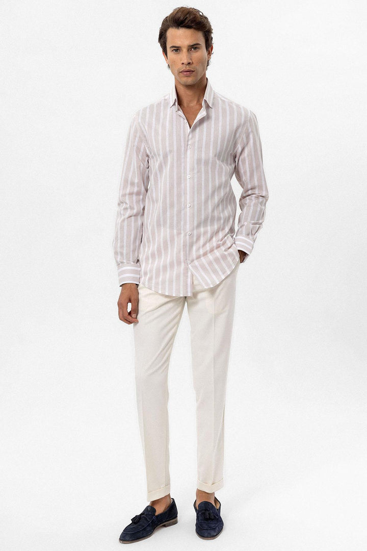 ANT Antioch Bej Slim Fit Striped Men's Shirt - Doral