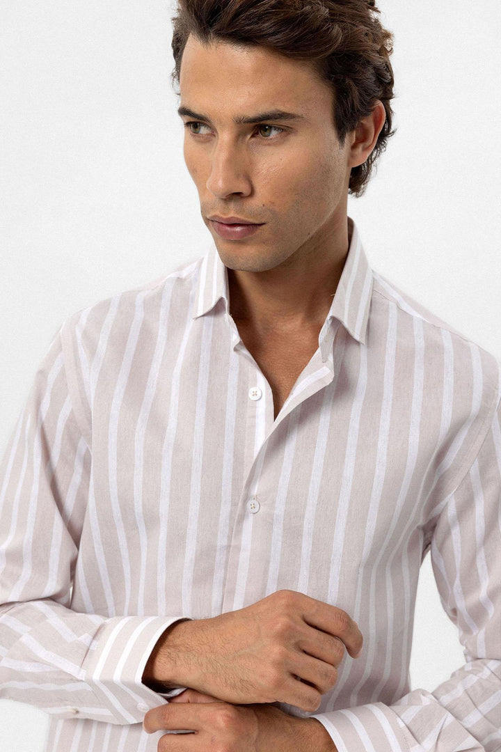 ANT Antioch Bej Slim Fit Striped Men's Shirt - Doral