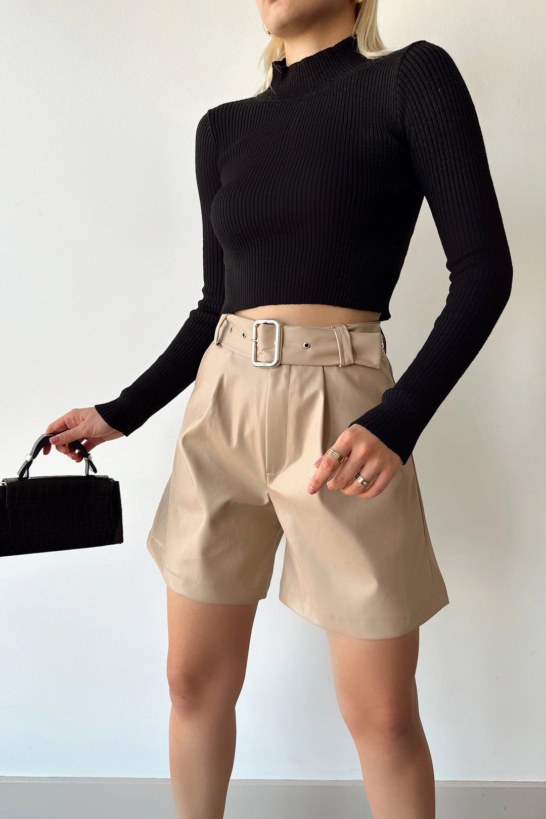 Beige Faux Leather Belted Boyfriend Shorts BCDF-233500 - Wels