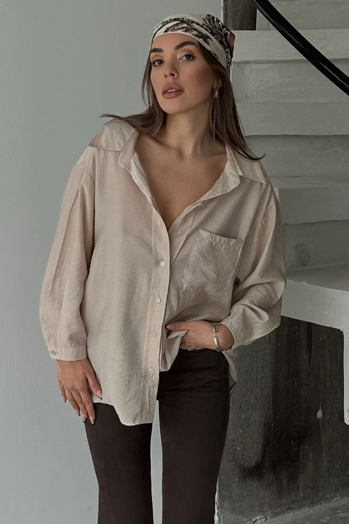 Bej Tek Cepli Uzun Kol Oversize Gömlek - Sartrouville