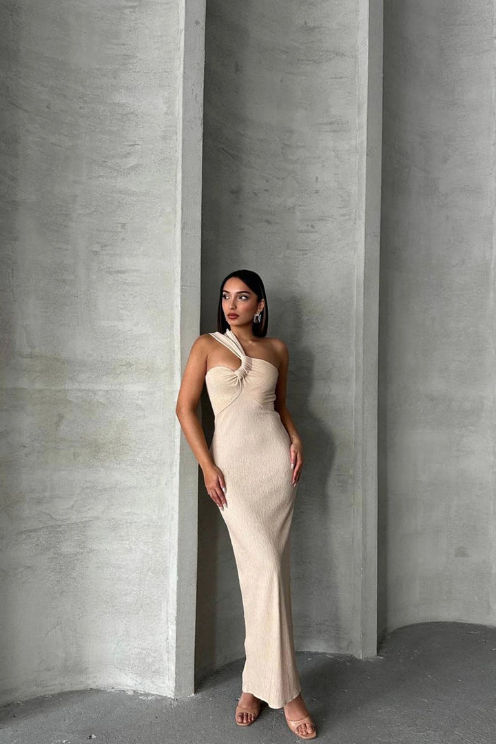Beige One Shoulder Detailed Maxi Dress BCHN-2525455 - Esslingen