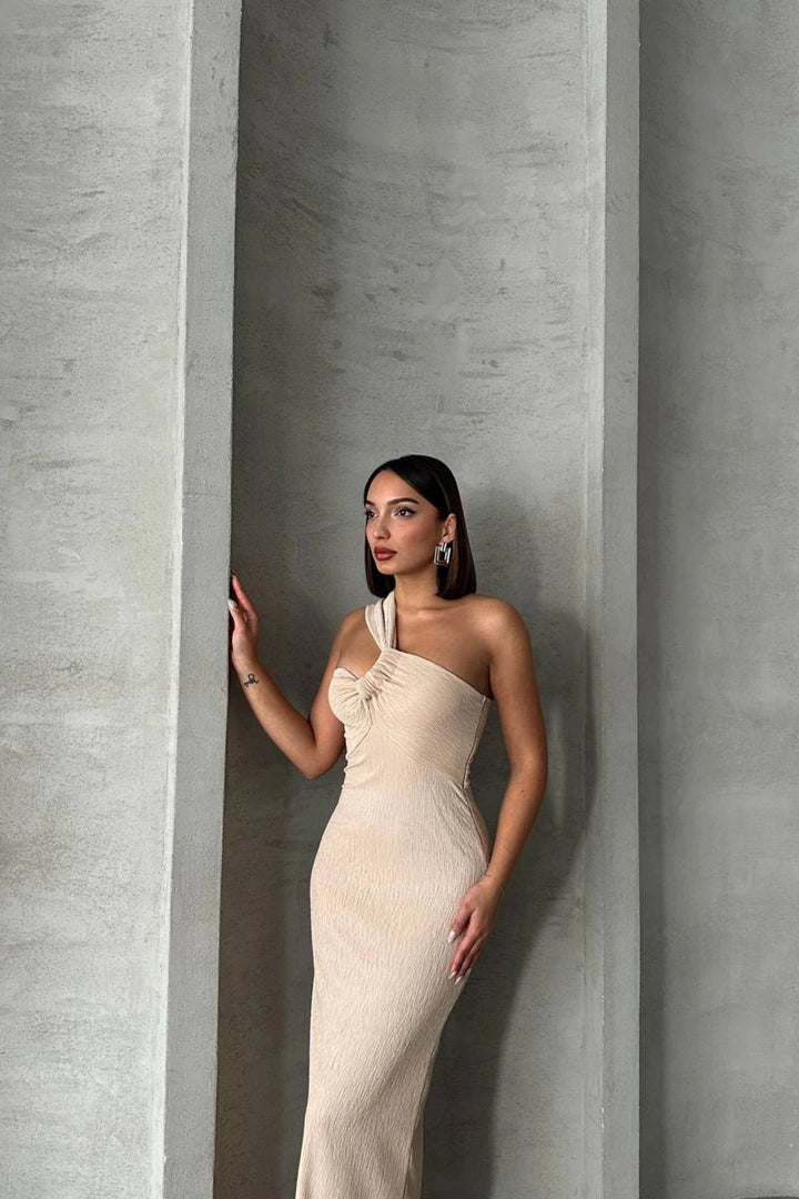 Beige One Shoulder Detailed Maxi Dress BCHN-2525455 - Esslingen