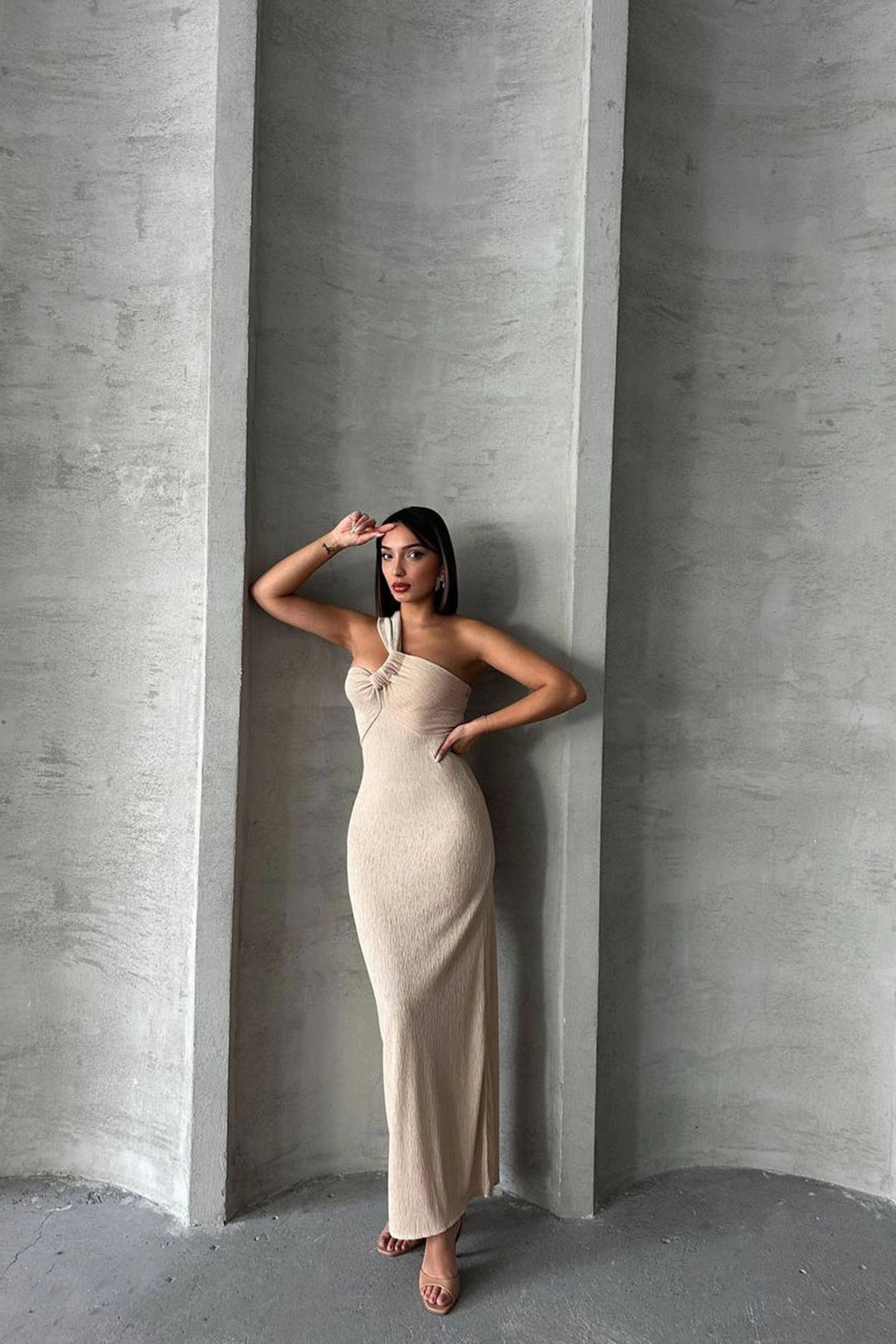 Beige One Shoulder Detailed Maxi Dress BCHN-2525455 - Esslingen
