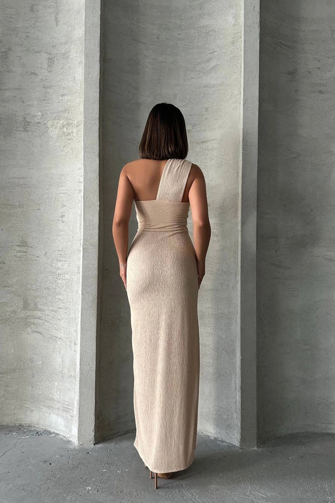 Beige One Shoulder Detailed Maxi Dress BCHN-2525455 - Esslingen