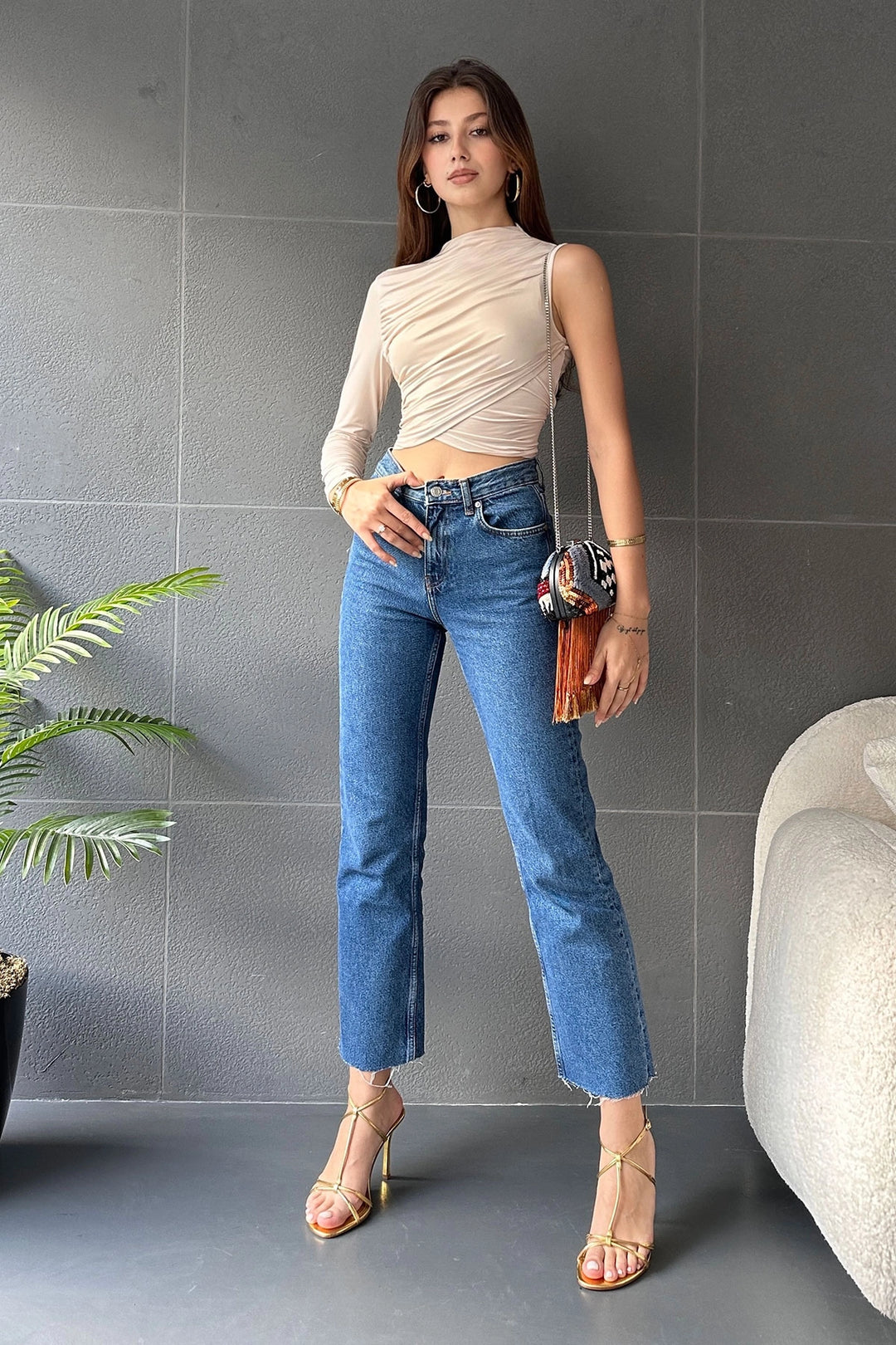 Beige One Shoulder Draped Detail Blouse BCDF-241098 - West Palm Beach