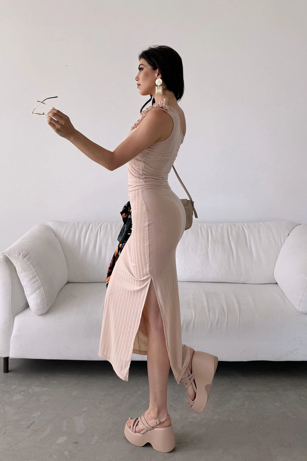 Beige One Shoulder Ruffle Detailed Skirt and Blouse Set BCDF-251092 - Eccles