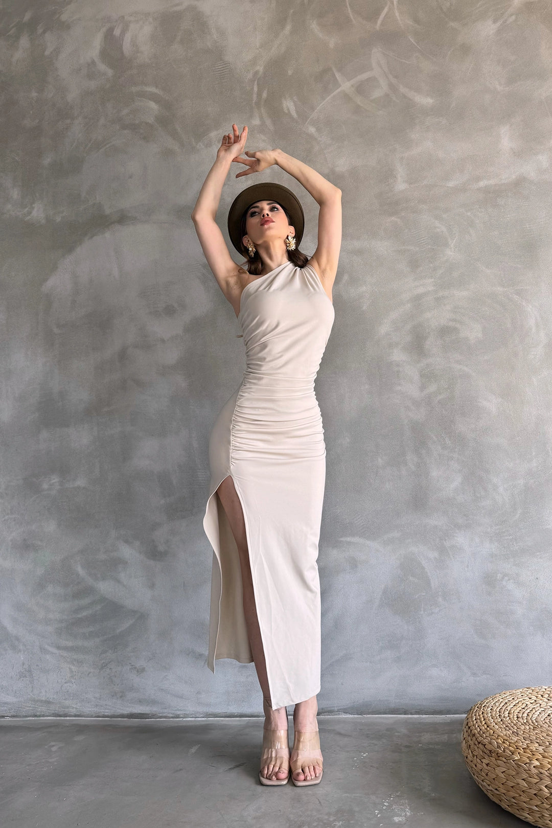 Beige One Shoulder Slit Detailed Draped Scuba Fabric Evening Dress BCDF-241048 - Sesto Fiorentino