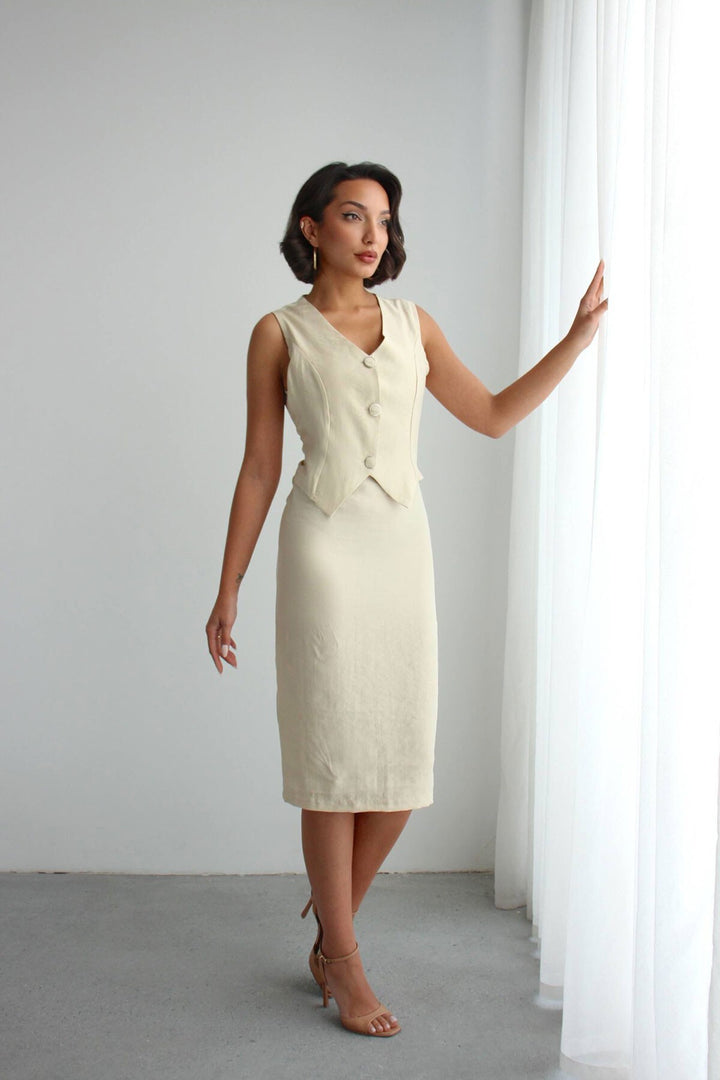 Bej Tensel Kumaş Yelek Ve Elbise 2 Li Takım Model Elbise BCHN-2526108 - Lehi