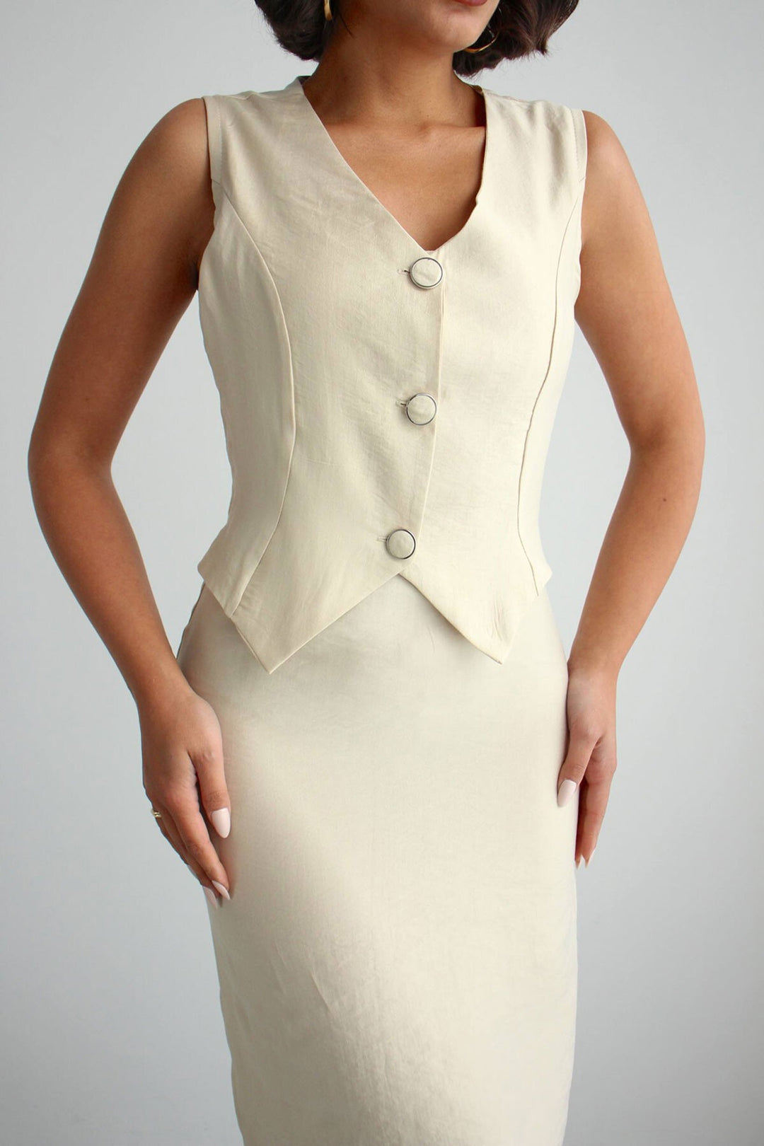 Bej Tensel Kumaş Yelek Ve Elbise 2 Li Takım Model Elbise BCHN-2526108 - Lehi