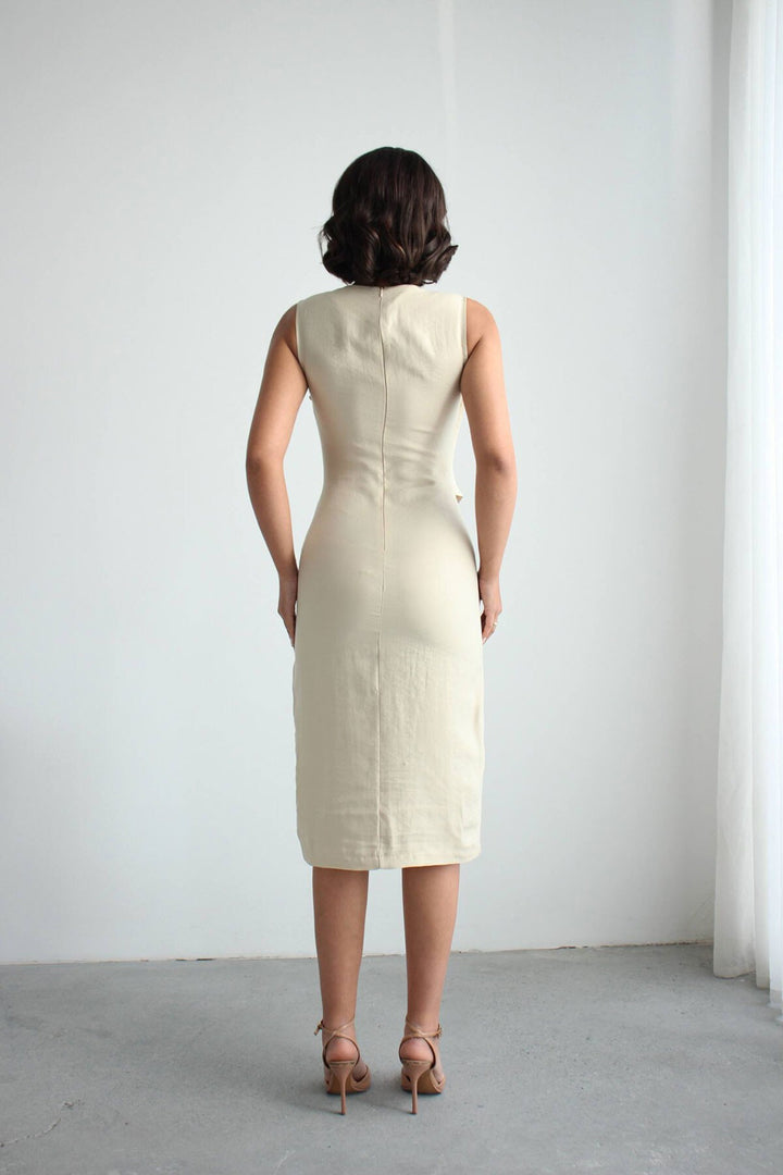 Bej Tensel Kumaş Yelek Ve Elbise 2 Li Takım Model Elbise BCHN-2526108 - Lehi