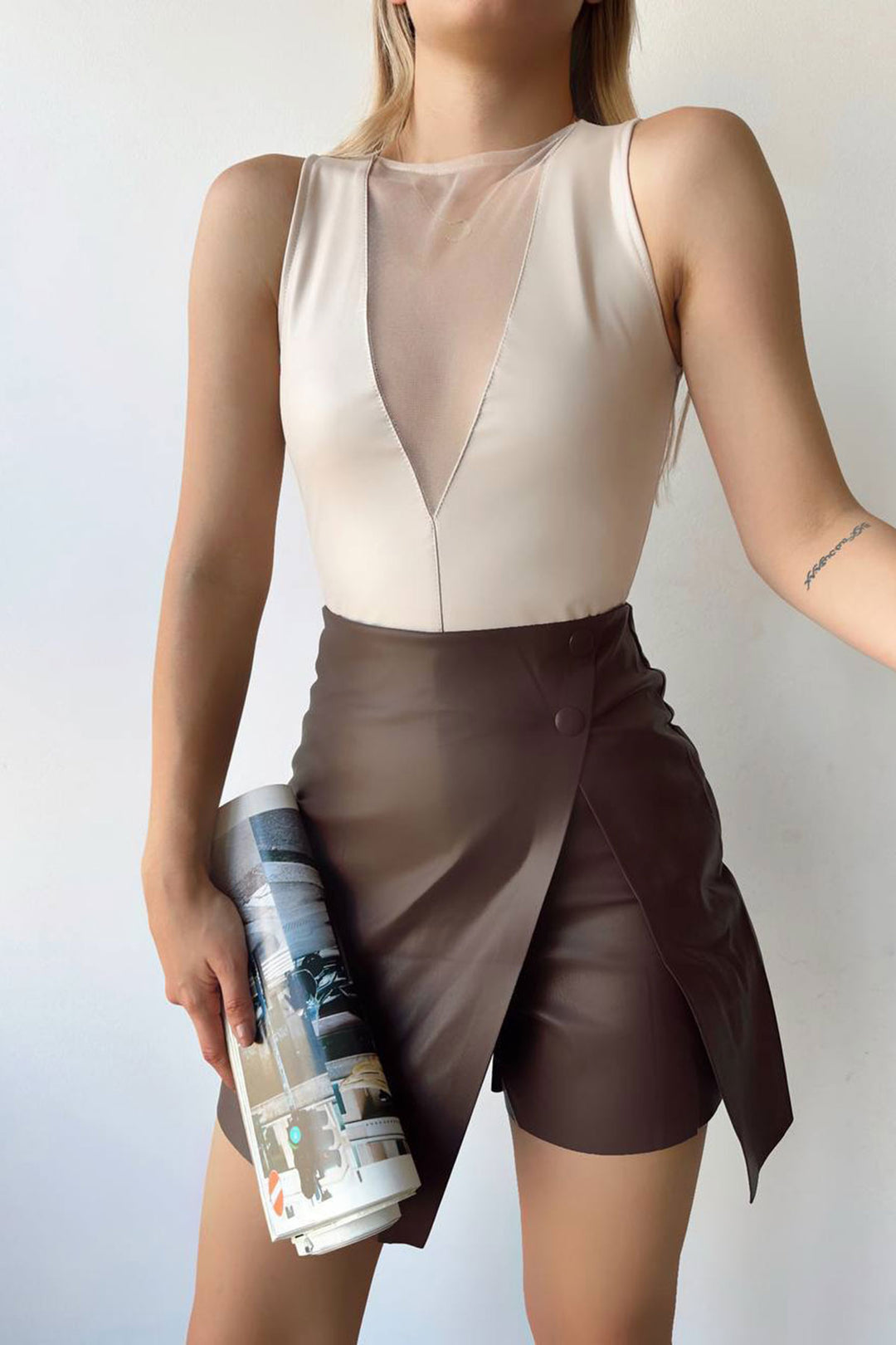 Beige Tulle Detailed Snap Fastener Faux Leather Bodysuit Blouse BCHN-2530000 - Longview